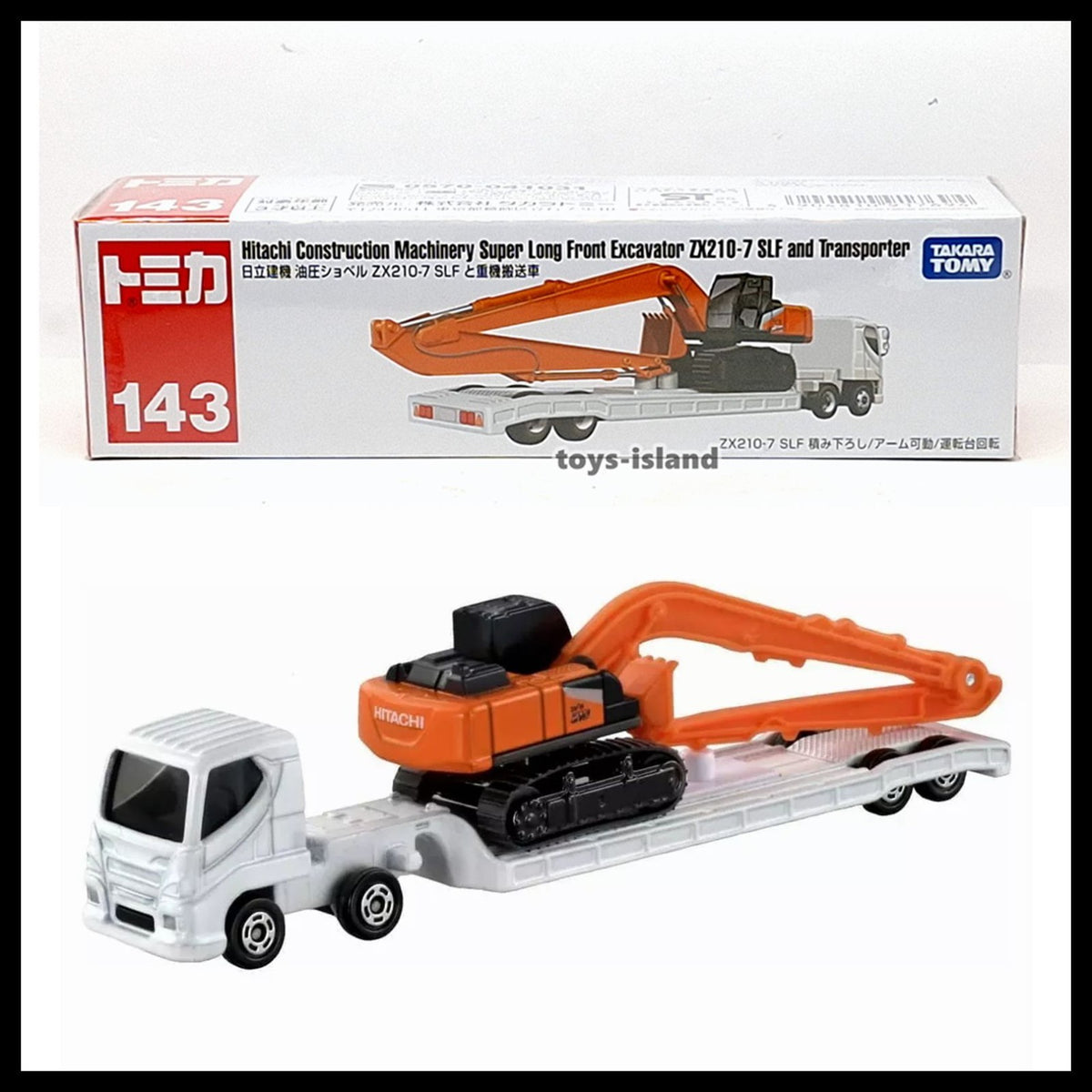 Hitachi Construction Machinery Super Long Front Excavator ZX210-7 SLF and Transporter - Tomica Camiones - Takara Tomy